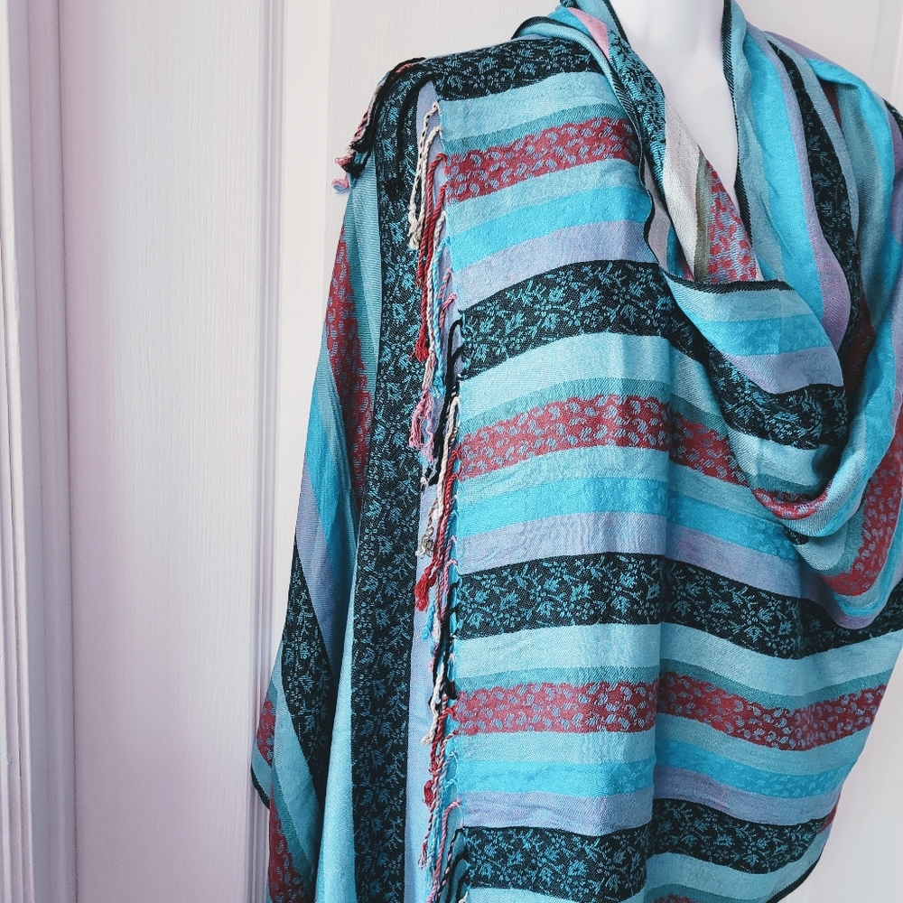Oversized Woven Reversible Striped Scarf Blue Black Pink White - Picture 4 of 5